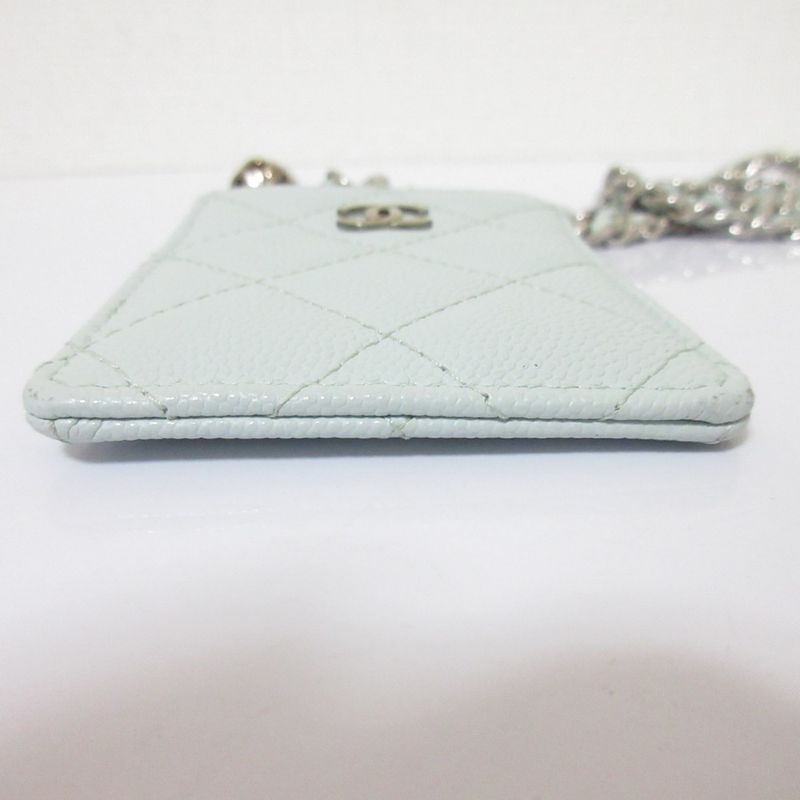 Chanel Caviar Leather Quilted Key Ring Chain Pass Case Light Blue