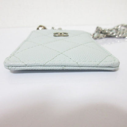 Chanel Caviar Leather Quilted Key Ring Chain Pass Case Light Blue