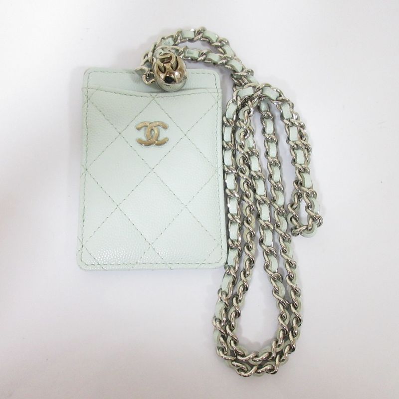 Chanel Caviar Leather Quilted Key Ring Chain Pass Case Light Blue