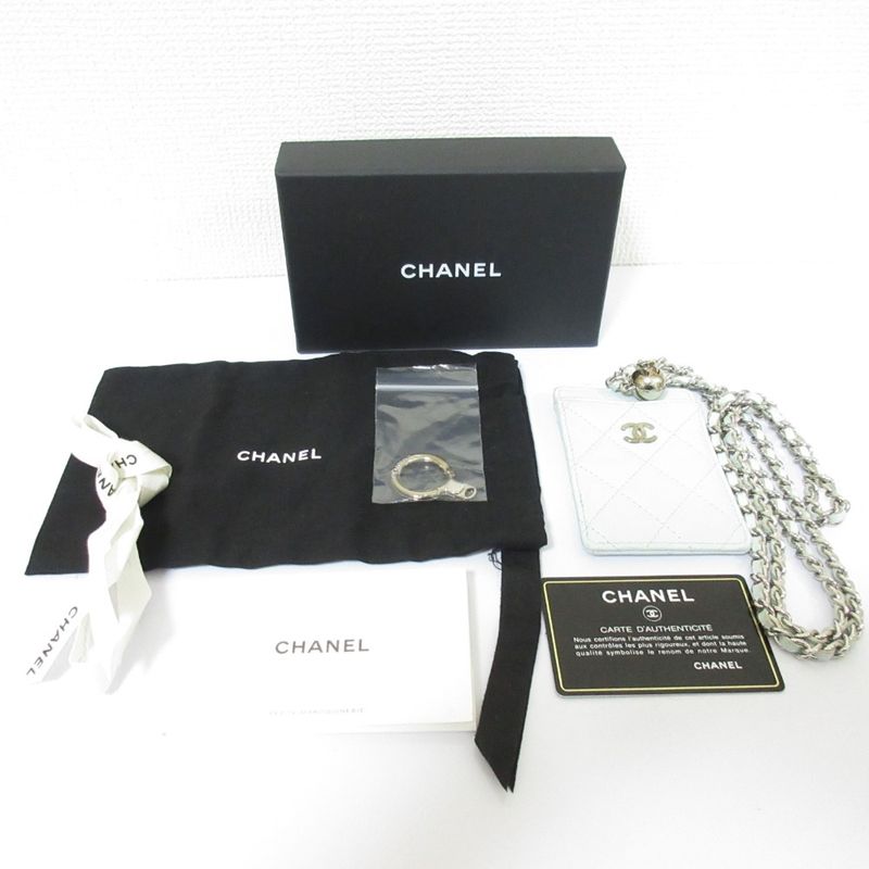 Chanel Caviar Leather Quilted Key Ring Chain Pass Case Light Blue