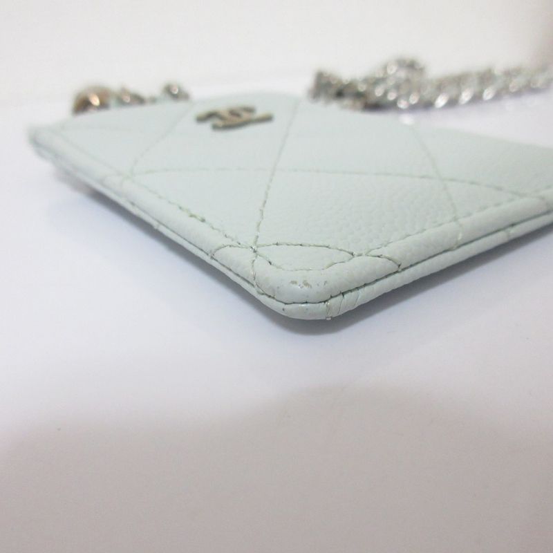 Chanel Caviar Leather Quilted Key Ring Chain Pass Case Light Blue
