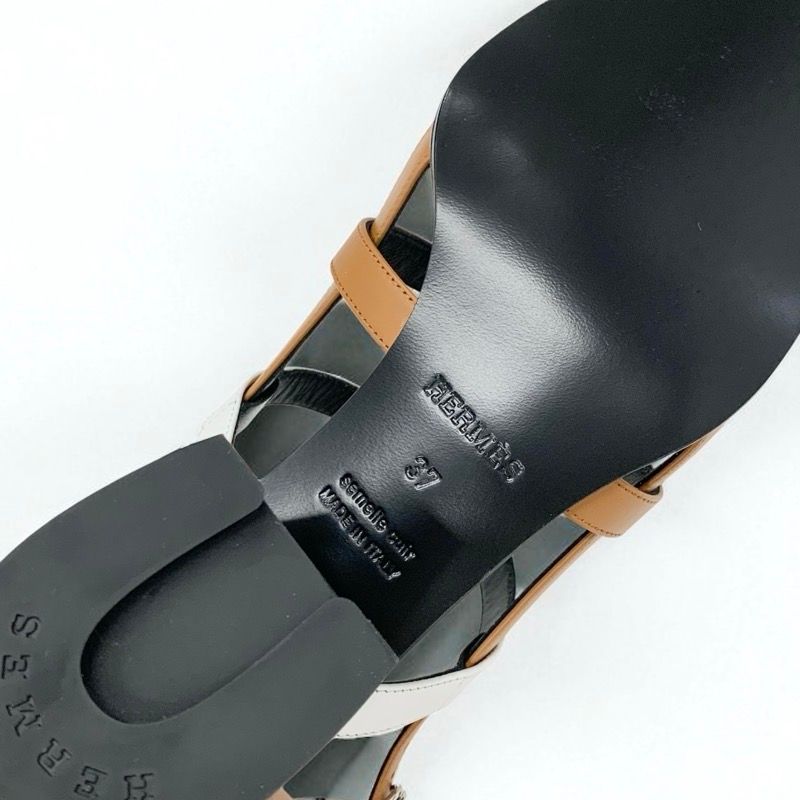 Hermes Eve Sandals Shoes Leather Brown Black White Kelly Strap
