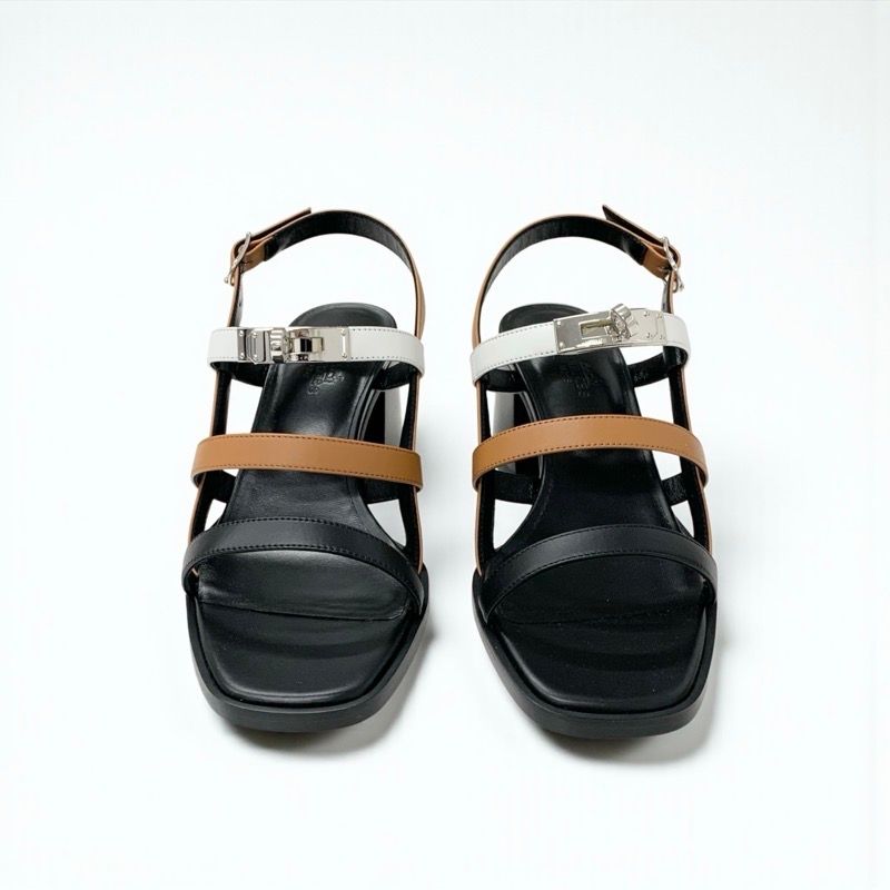 Hermes Eve Sandals Shoes Leather Brown Black White Kelly Strap
