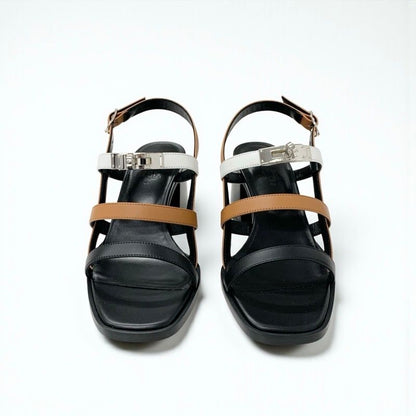 Hermes Eve Sandals Shoes Leather Brown Black White Kelly Strap