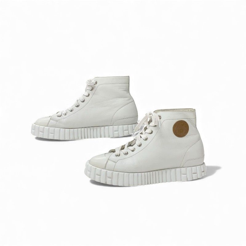 Hermes Climb Sneakers Shoes Leather White Exlibris High Cut