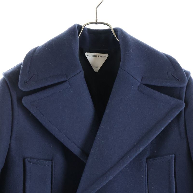 Bottega Veneta Wool Double Breasted Peak Coat Navy