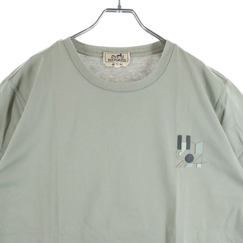 Hermes Leather Patch Crew Neck Short Sleeve T-Shirt Khaki