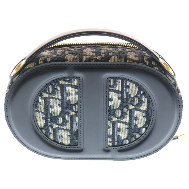 Dior CD Oval Black Camera Bag Navy Beige Leather Canvas