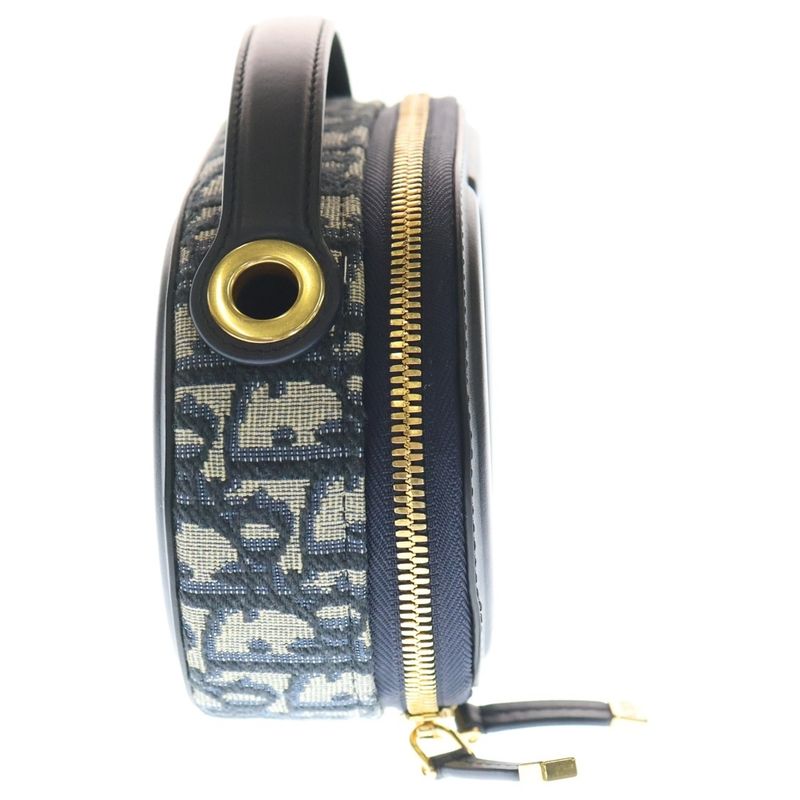Dior CD Oval Black Camera Bag Navy Beige Leather Canvas