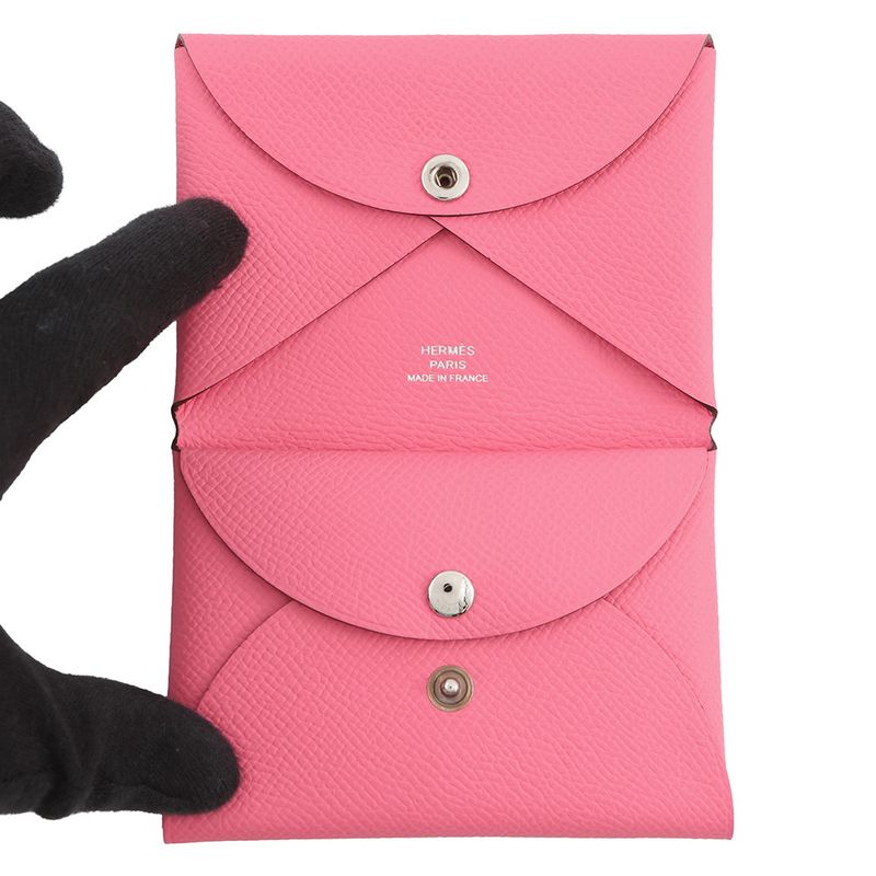 Hermes Coin Case Calviduo Rose Azalea Silver Epsom