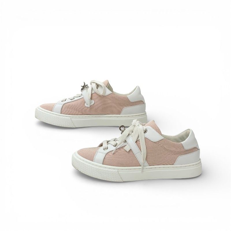 Hermes Day Sneakers Shoes Fabric Leather Pink White Silver Kelly