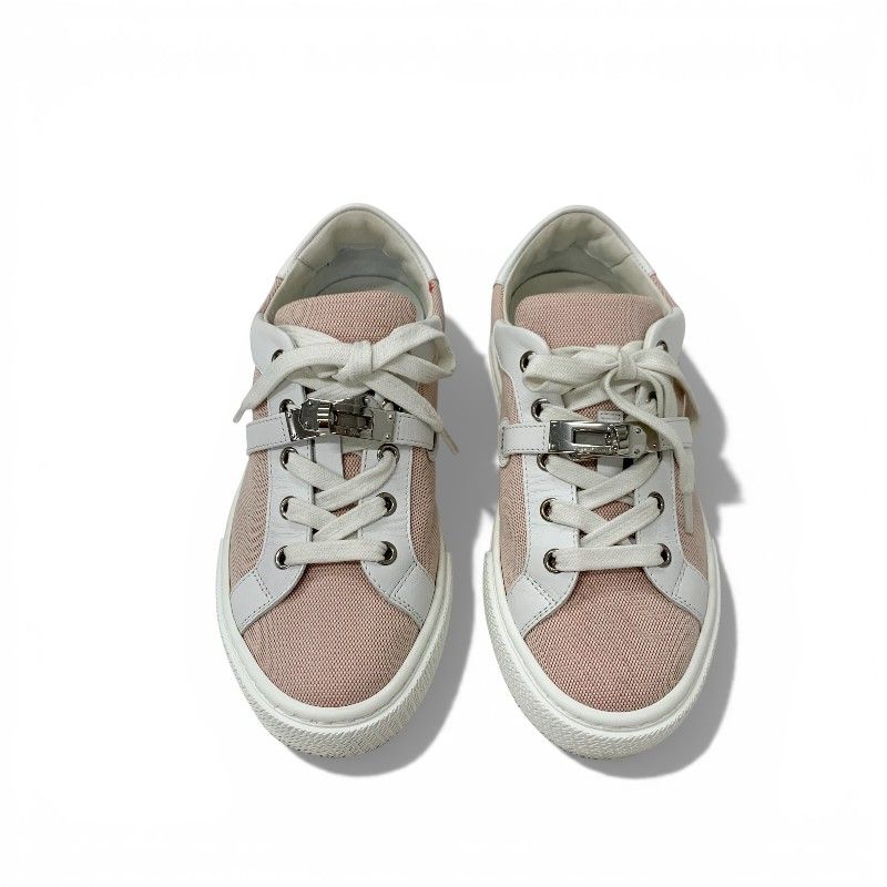 Hermes Day Sneakers Shoes Fabric Leather Pink White Silver Kelly