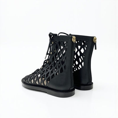 Dior D-trap Short Boots Leather Black Mesh Lace Up Sandals Open Toe