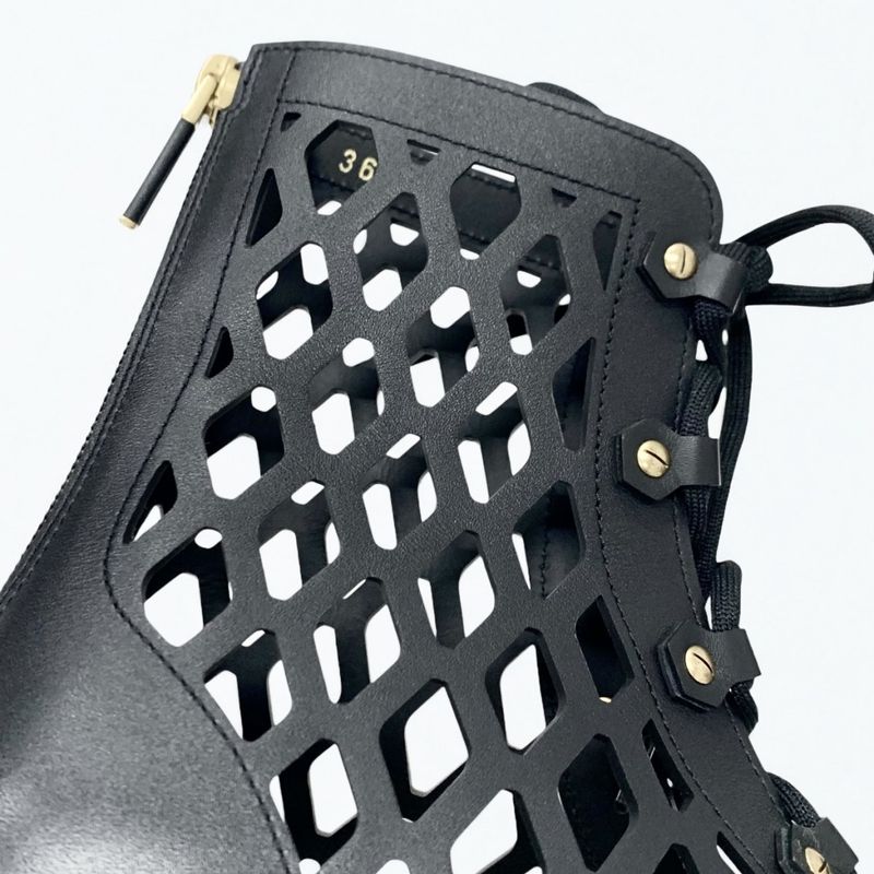 Dior D-trap Short Boots Leather Black Mesh Lace Up Sandals Open Toe