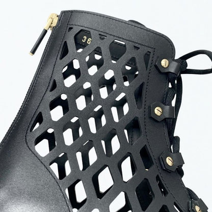 Dior D-trap Short Boots Leather Black Mesh Lace Up Sandals Open Toe