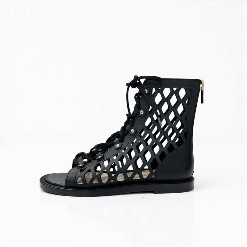 Dior D-trap Short Boots Leather Black Mesh Lace Up Sandals Open Toe