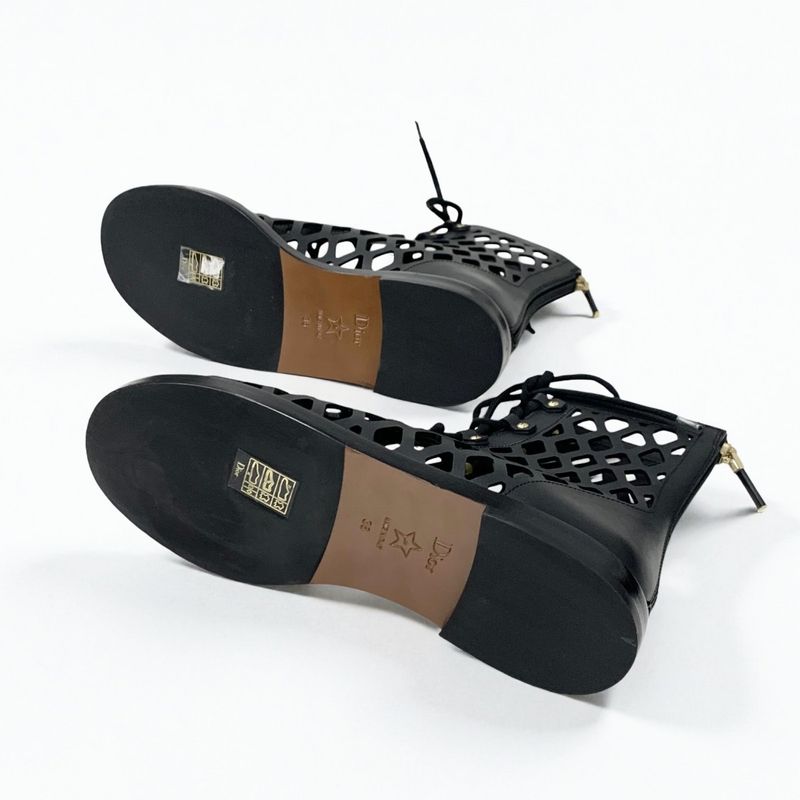 Dior D-trap Short Boots Leather Black Mesh Lace Up Sandals Open Toe