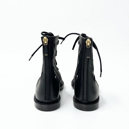 Dior D-trap Short Boots Leather Black Mesh Lace Up Sandals Open Toe