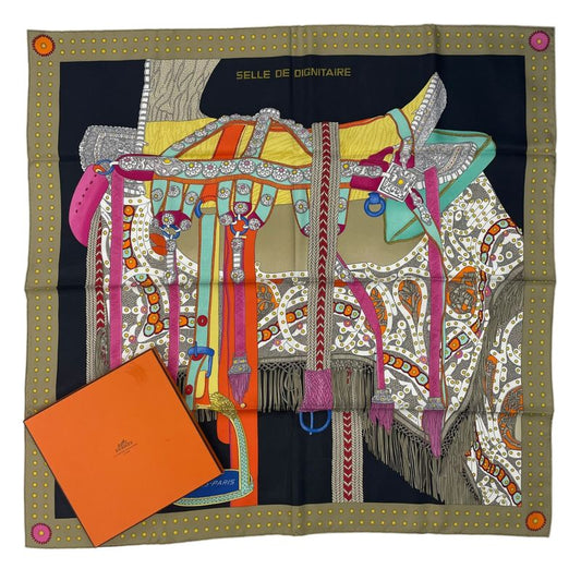 Hermes Scarf Silk Carre 90 Selle de Dignitaire Dignitary's Saddle Black