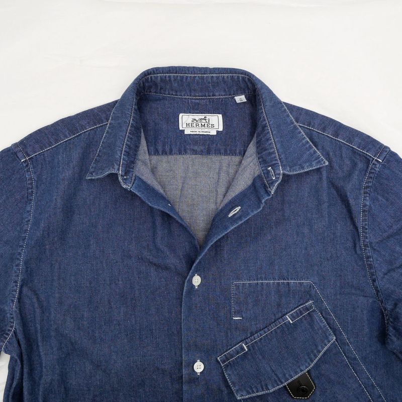 Hermes Denim Short Sleeve Shirt with Buttons 38 Blue