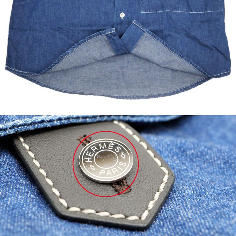 Hermes Denim Short Sleeve Shirt with Buttons 38 Blue