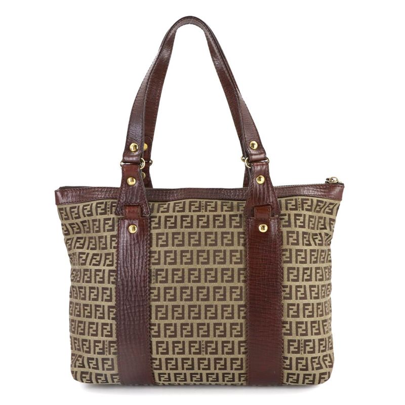 Fendi Zucchino Tote Canvas Leather Beige Brown Gold