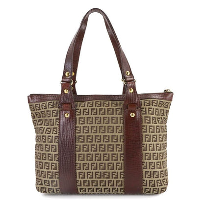 Fendi Zucchino Tote Canvas Leather Beige Brown Gold