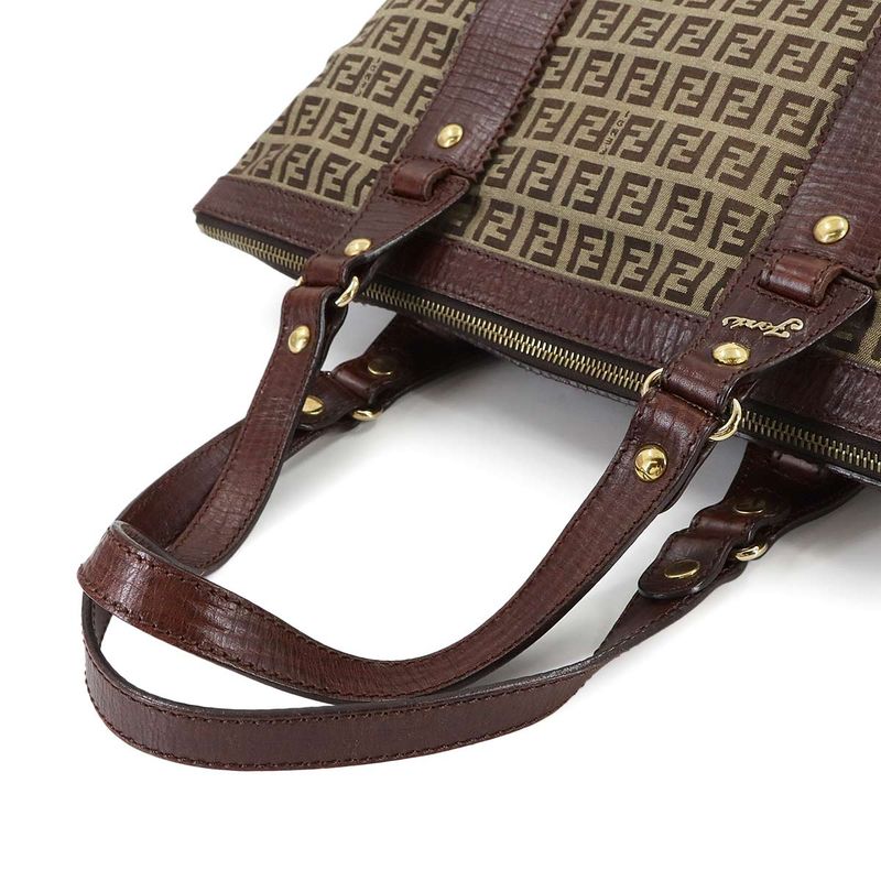 Fendi Zucchino Tote Canvas Leather Beige Brown Gold