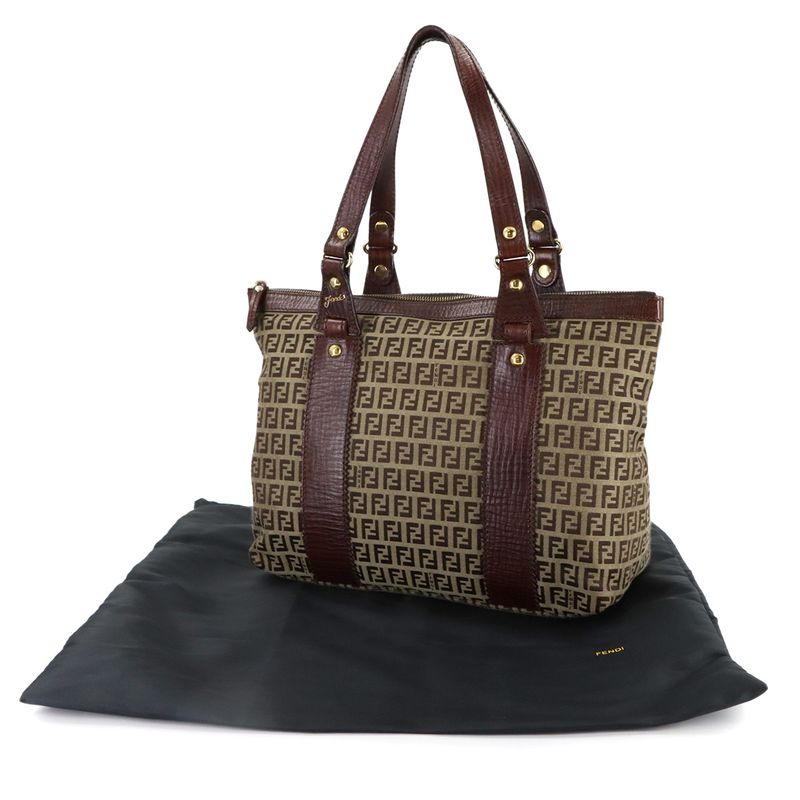Fendi Zucchino Tote Canvas Leather Beige Brown Gold