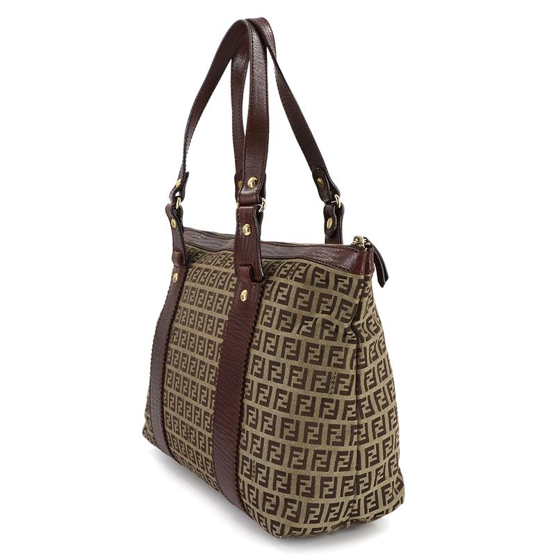 Fendi Zucchino Tote Canvas Leather Beige Brown Gold
