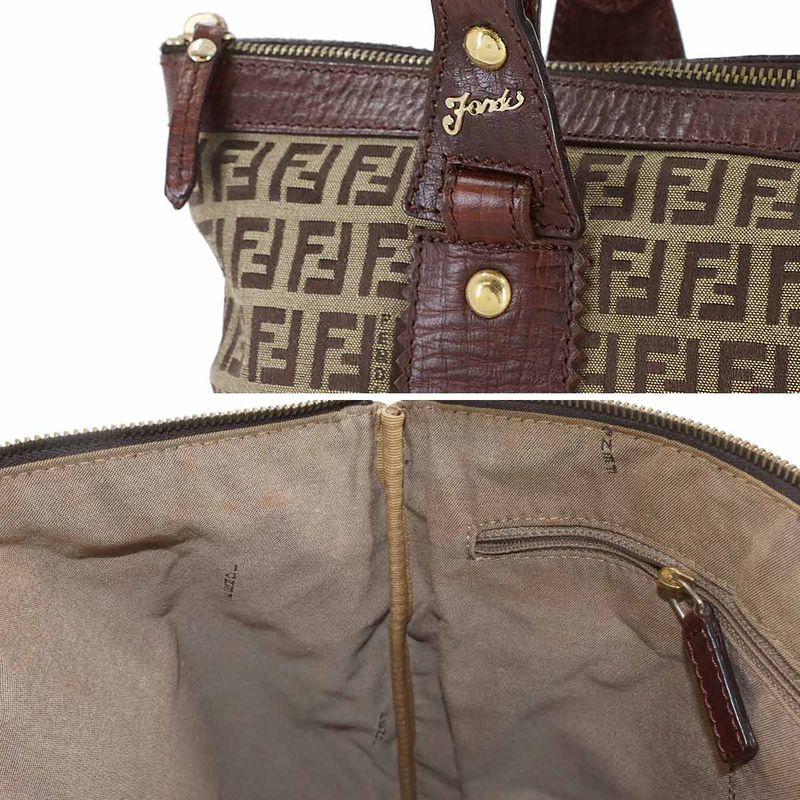 Fendi Zucchino Tote Canvas Leather Beige Brown Gold