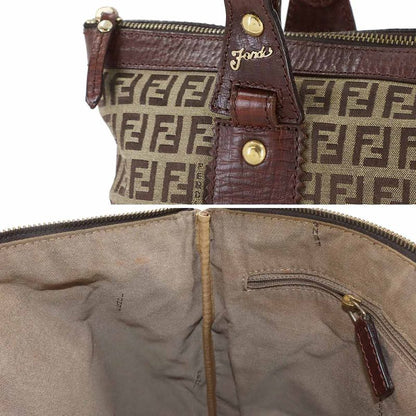Fendi Zucchino Tote Canvas Leather Beige Brown Gold