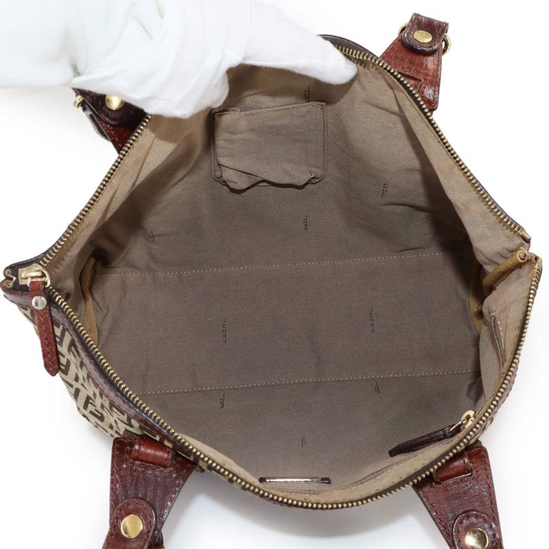 Fendi Zucchino Tote Canvas Leather Beige Brown Gold
