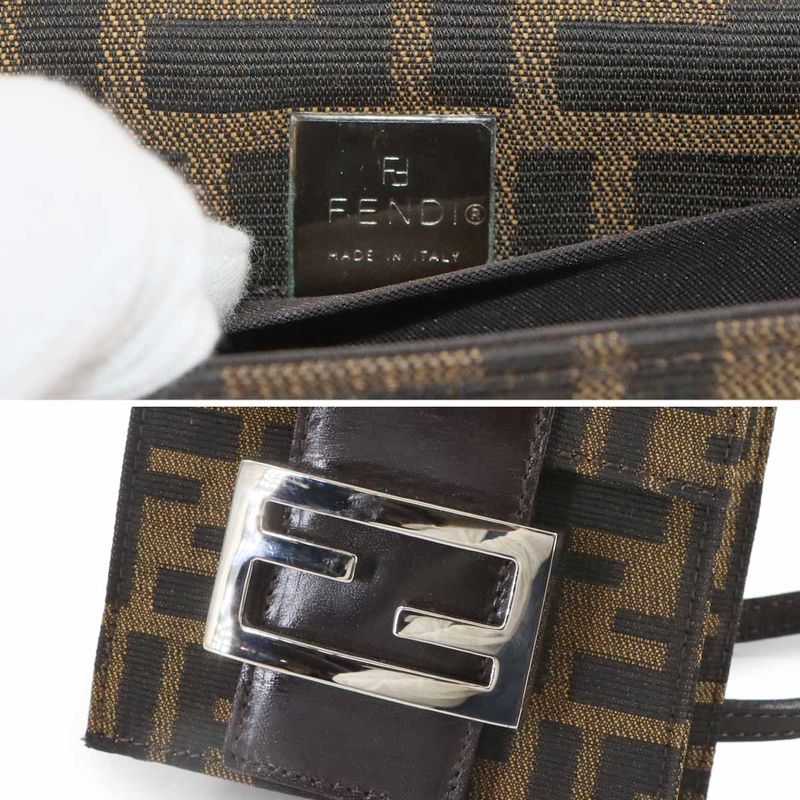 Fendi Zucca Shoulder Bag Canvas Leather Brown Silver