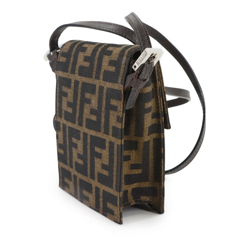 Fendi Zucca Shoulder Bag Canvas Leather Brown Silver