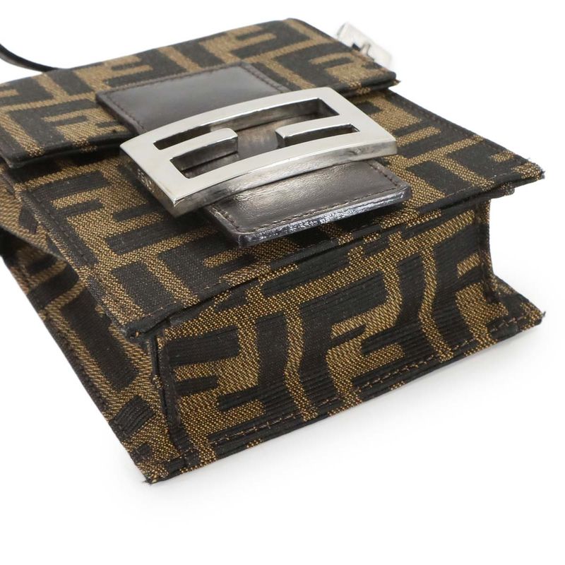 Fendi Zucca Shoulder Bag Canvas Leather Brown Silver