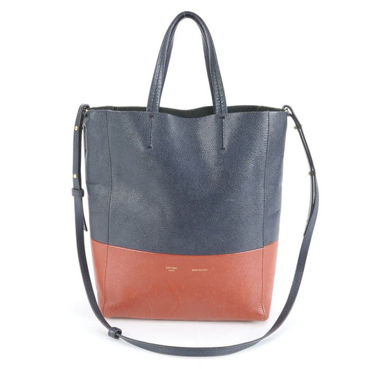 Celine Vertical Cabas Small Leather 2-Way Shoulder Bag Crossbody Tote Brown Navy