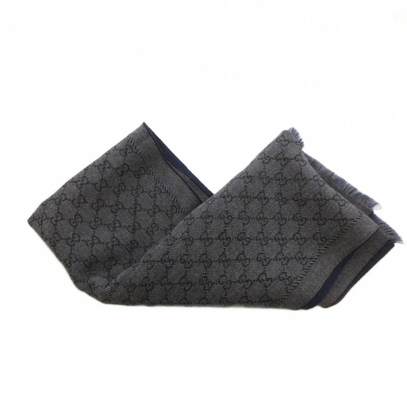 Gucci Scarf Shawl GG Pattern Fringe Bicolor Navy Gray
