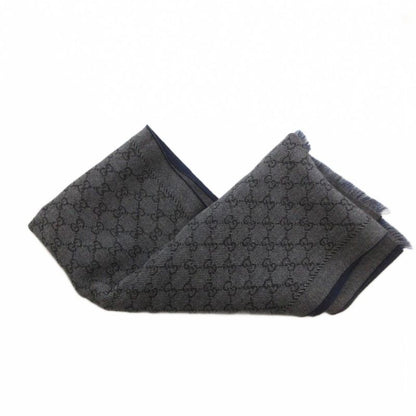 Gucci Scarf Shawl GG Pattern Fringe Bicolor Navy Gray