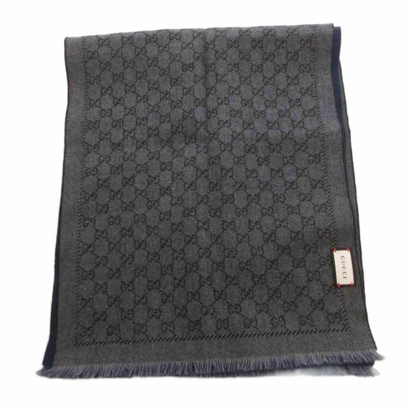 Gucci Scarf Shawl GG Pattern Fringe Bicolor Navy Gray