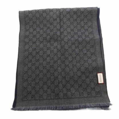 Gucci Scarf Shawl GG Pattern Fringe Bicolor Navy Gray