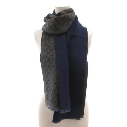 Gucci Scarf Shawl GG Pattern Fringe Bicolor Navy Gray