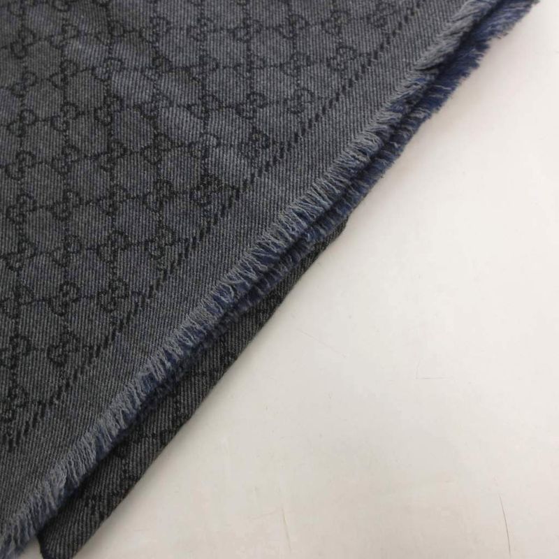 Gucci Scarf Shawl GG Pattern Fringe Bicolor Navy Gray