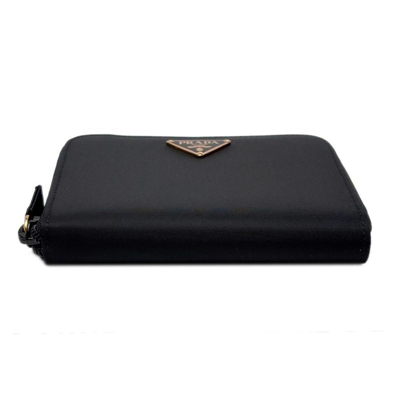 Prada Wallet Bifold Tessuto Nylon Leather Black Gold Zip Around