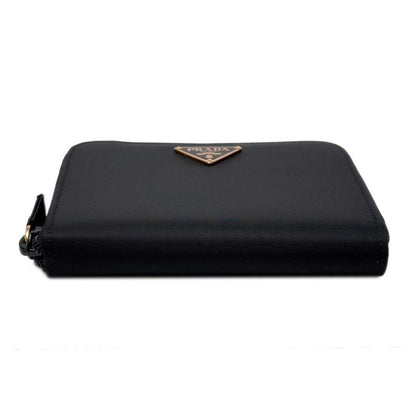 Prada Wallet Bifold Tessuto Nylon Leather Black Gold Zip Around
