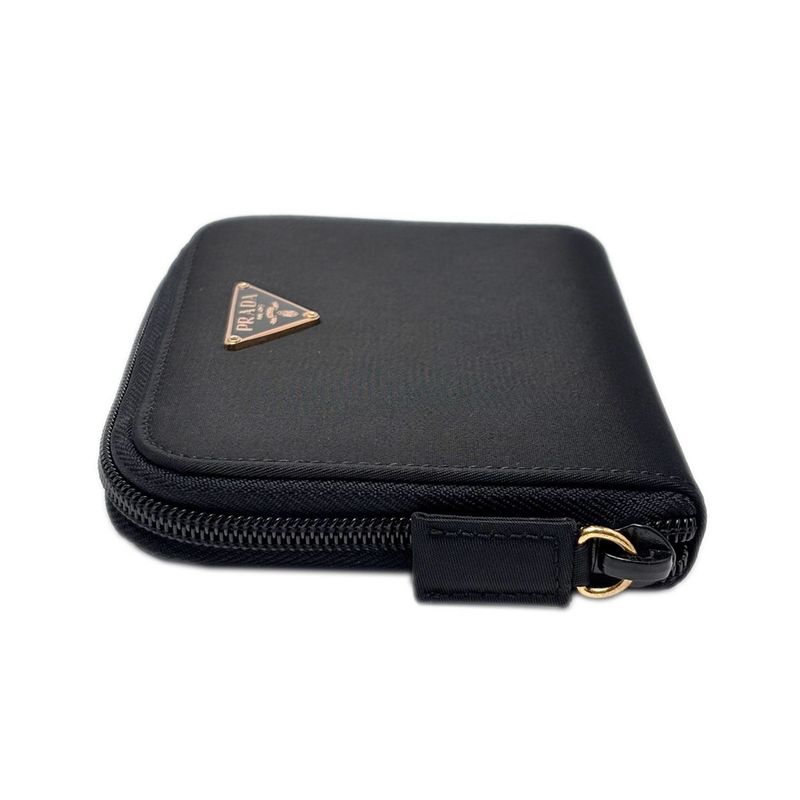 Prada Wallet Bifold Tessuto Nylon Leather Black Gold Zip Around