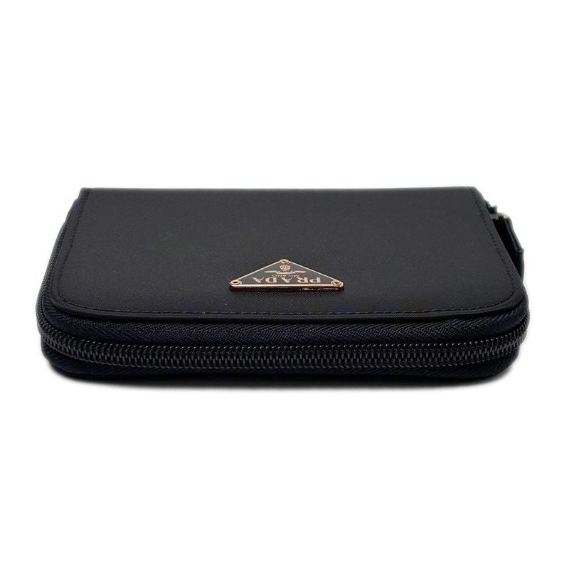 Prada Wallet Bifold Tessuto Nylon Leather Black Gold Zip Around