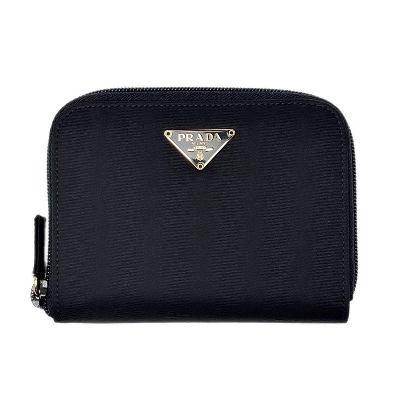 Prada Wallet Bifold Tessuto Nylon Leather Black Gold Zip Around
