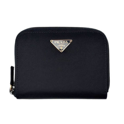 Prada Wallet Bifold Tessuto Nylon Leather Black Gold Zip Around