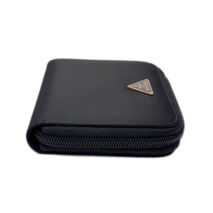 Prada Wallet Bifold Tessuto Nylon Leather Black Gold Zip Around